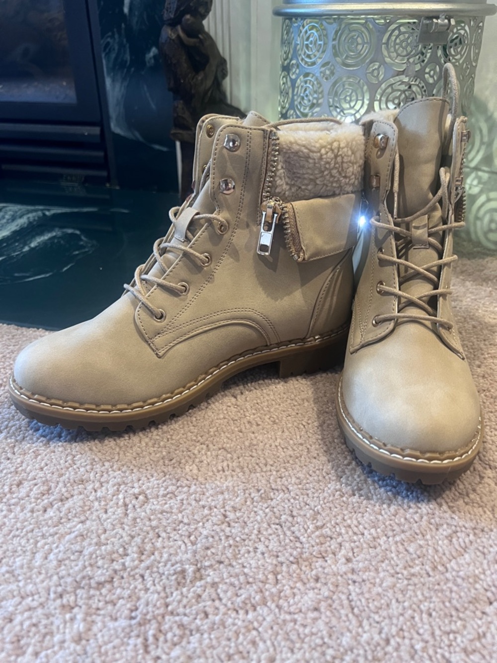 Never worn. Women's Tan Faux-Shearling Lace-Up Ankle Boots